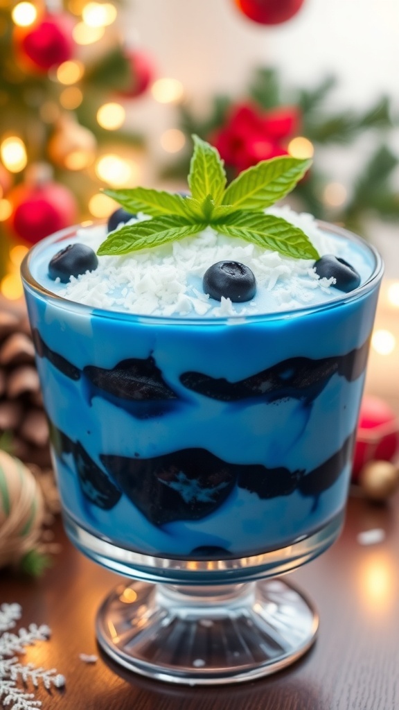 A blue Christmas dessert with blueberry filling, whipped cream, and mint leaves, set against a festive holiday backdrop.